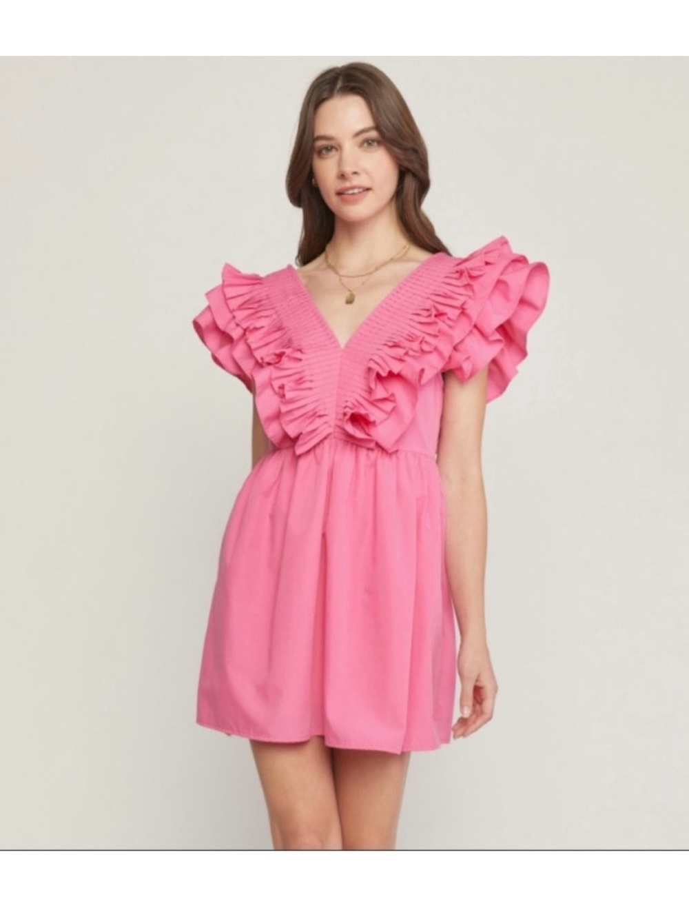Entro Pink Ruffle V-Neck Mini Dress